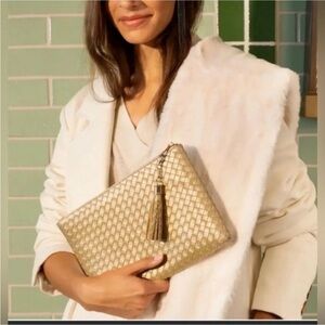 Virginia Wolf Clutch Bag Woven Vegan Leather Gold NWT